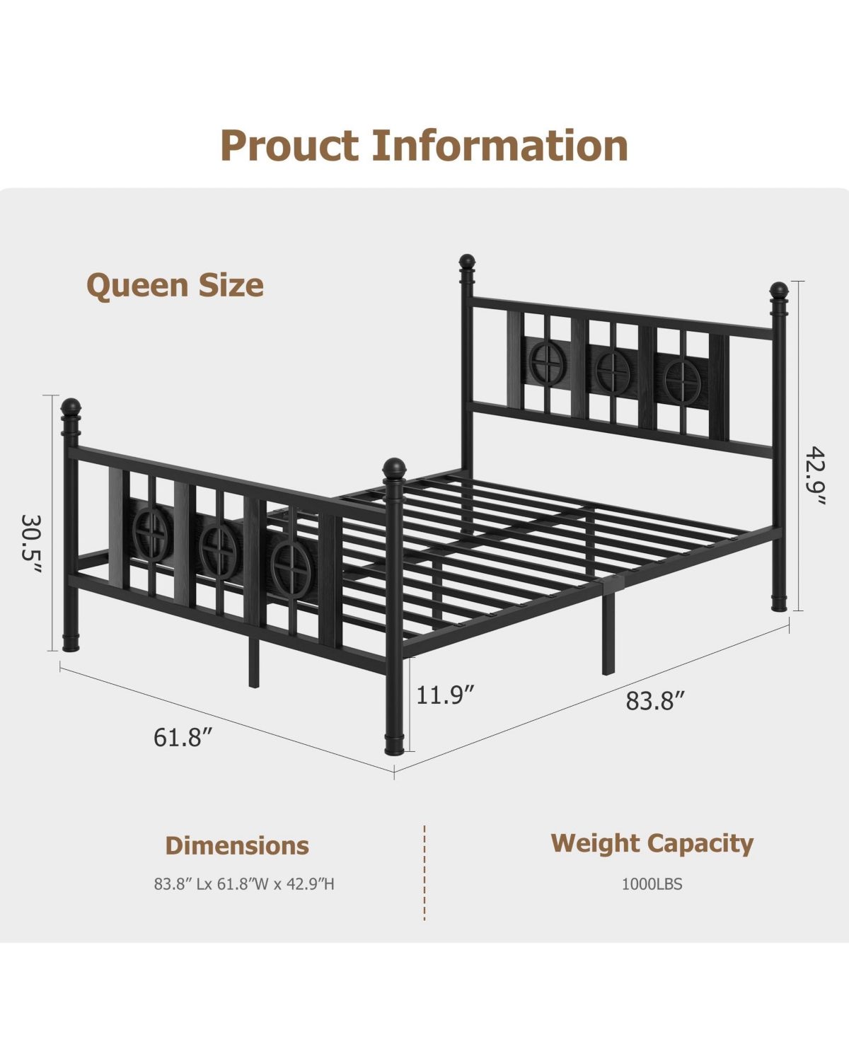 homfan Durable Metal Platform Bed Frame with Retro Circular Design, Headboard and Footboard Included, Underbed Storage Space