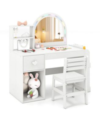 Kids Vanity Desk with Lights Open Bookshelf Storage Drawer Compartment and Shelves