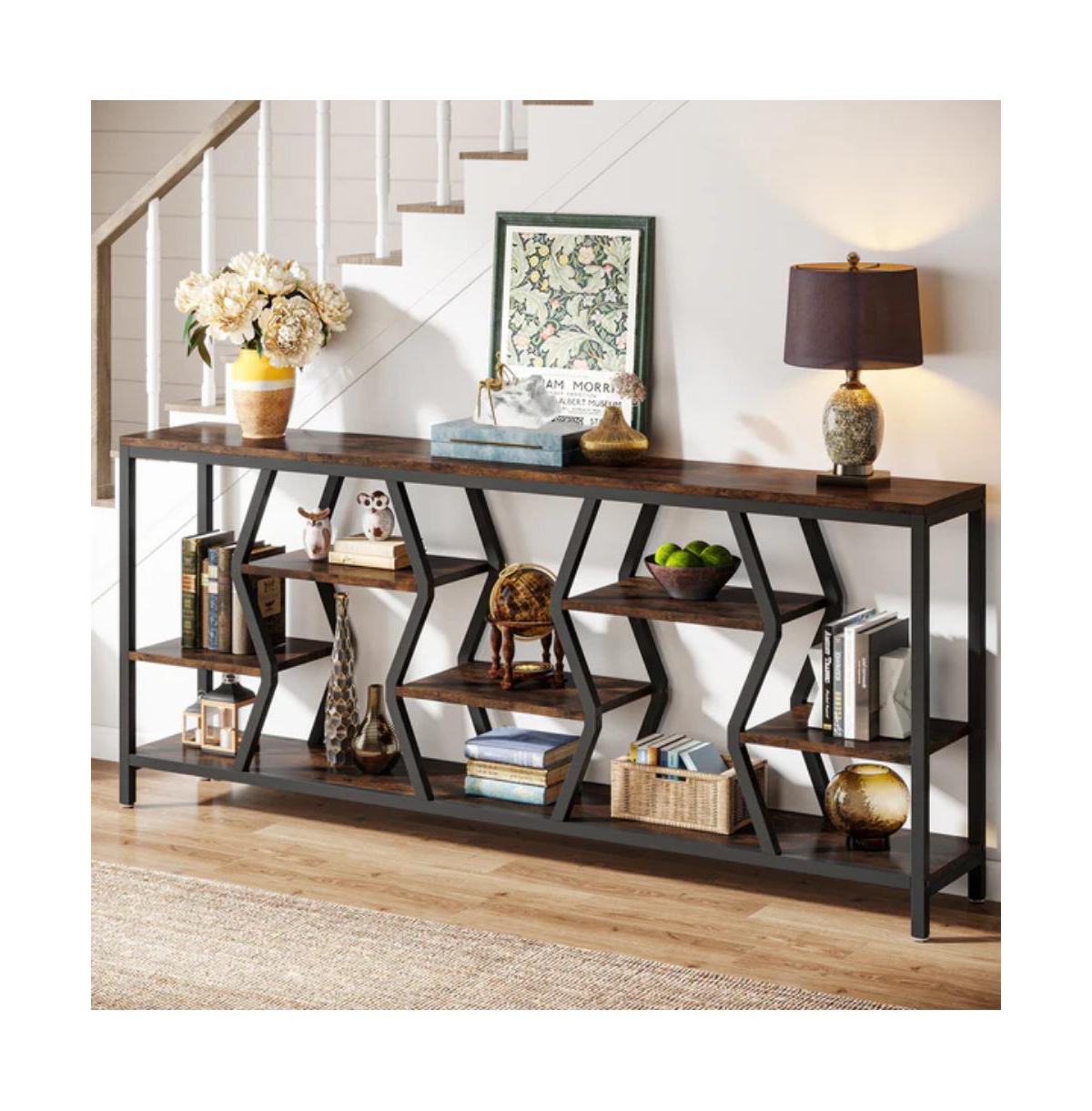 Slickblue Industrial Sofa Table with Multi Tier Storage Shelves for Home Organization