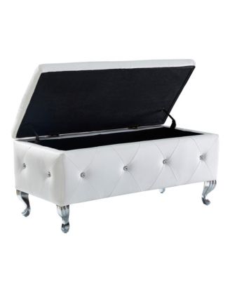 Faux Leather Storage Ottoman Bench with Crystal Buttons
