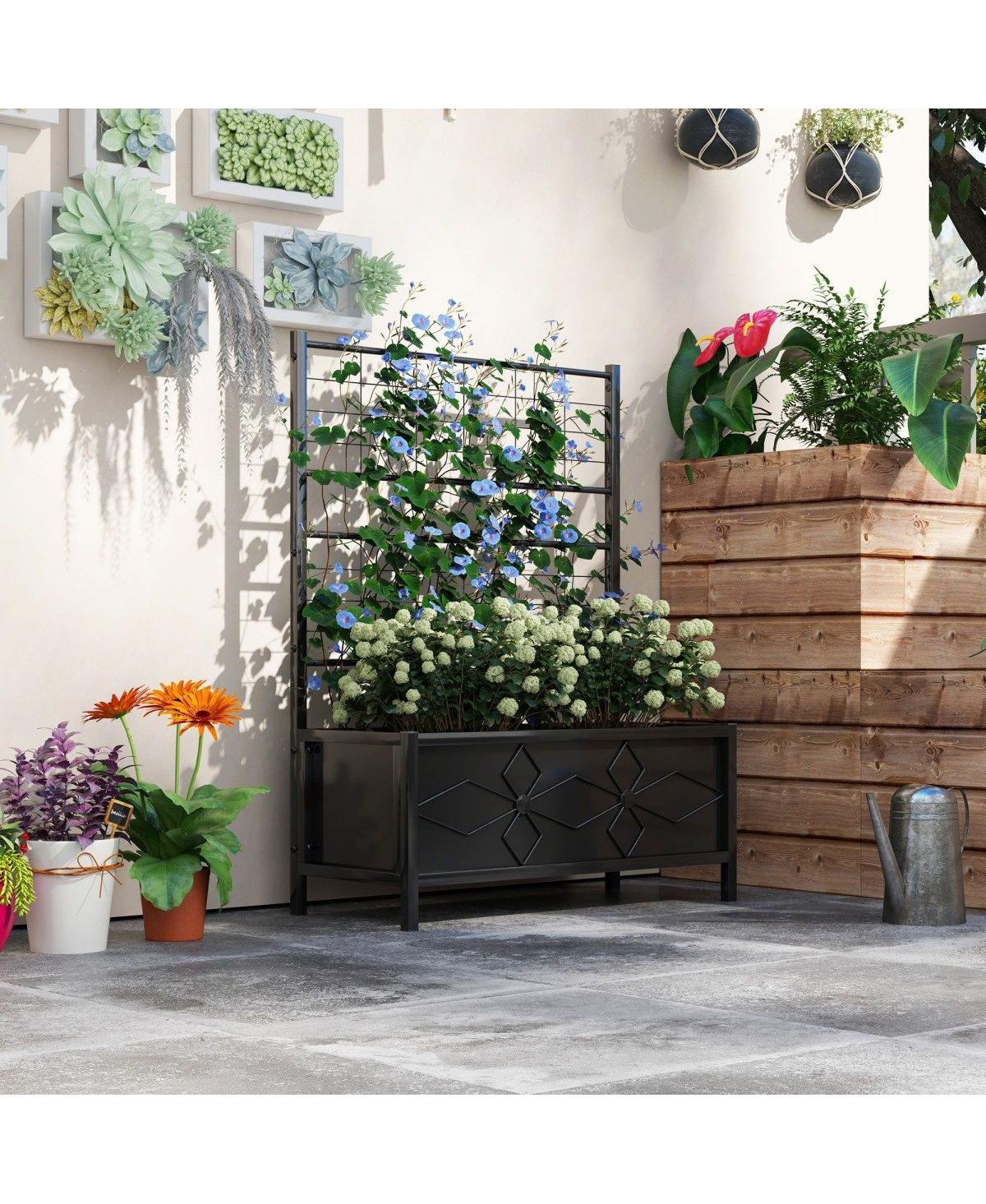 Asagikoiai Outdoor Metal Raised Garden Planter Box with Trellis for Flowers and Vegetables