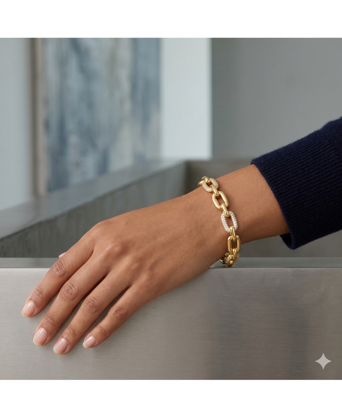 Simona Polished and Pave Cz Alternating Link Bracelet