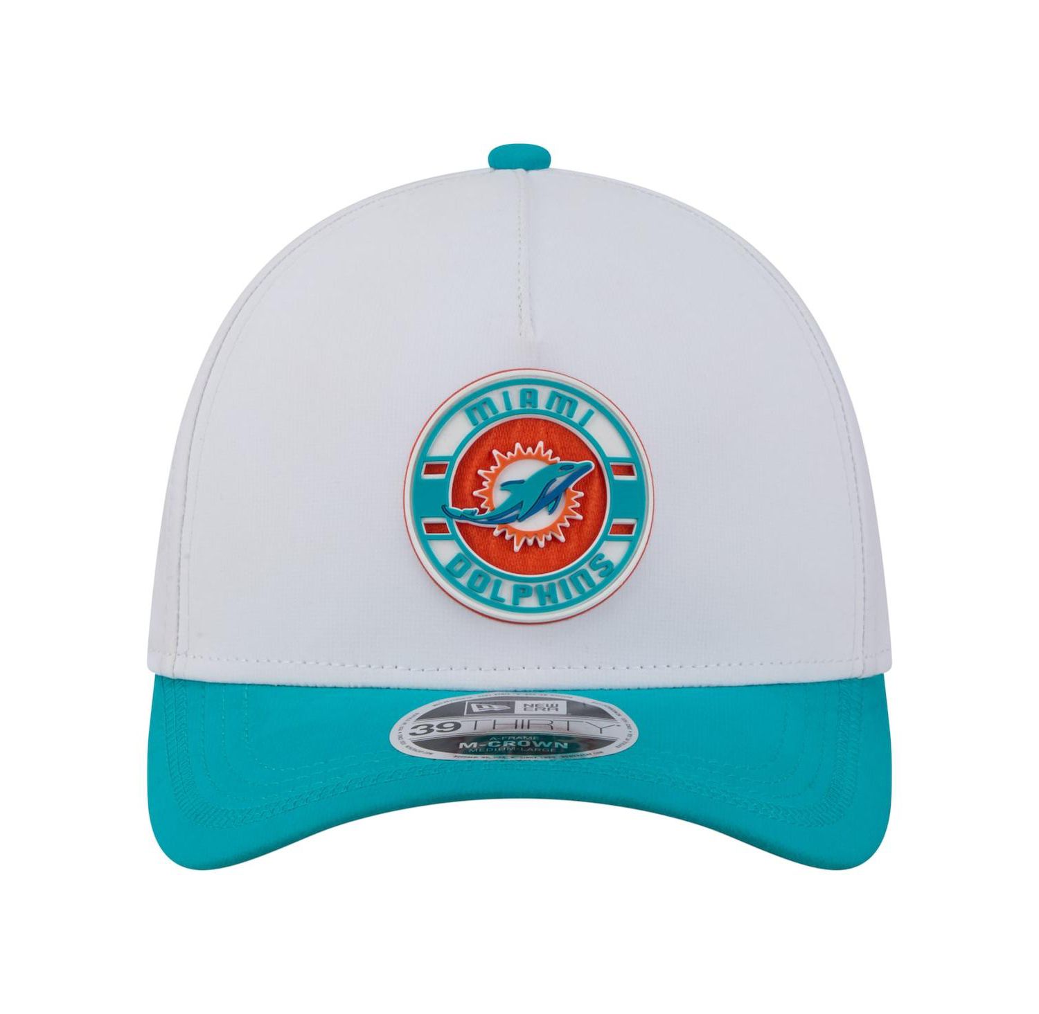 Men's White/Aqua Miami Dolphins Patch 39THIRTY A-Frame M-Crown Perforated Flex Hat