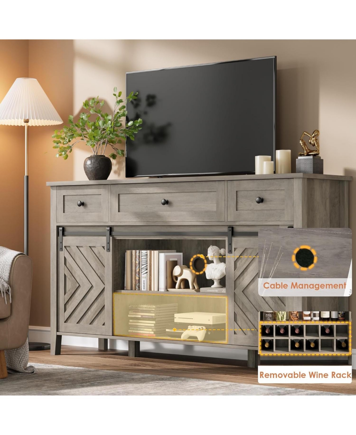 gaomon Farmhouse 59" Buffet Cabinet with Sliding Barn Door, 33.4" Tall Wood Rustic Sideboard with 3 Drawer