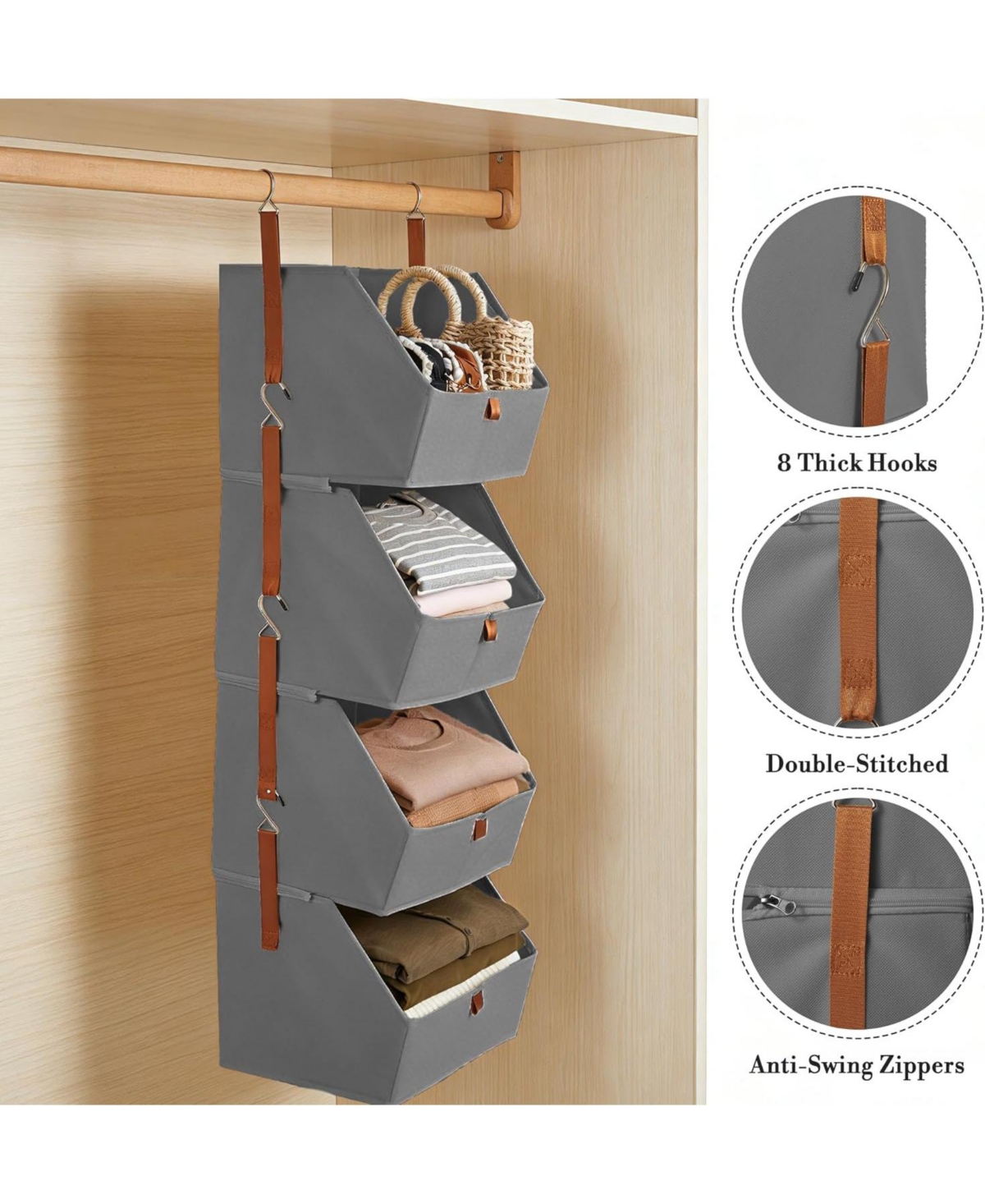 gaomon Hanging Closet Organizer 4 Tier, Non-Woven Fabric Storage Shelves with Collapsible Baskets, Space-Saving Hanging Organizer for Bedroom, Dorm