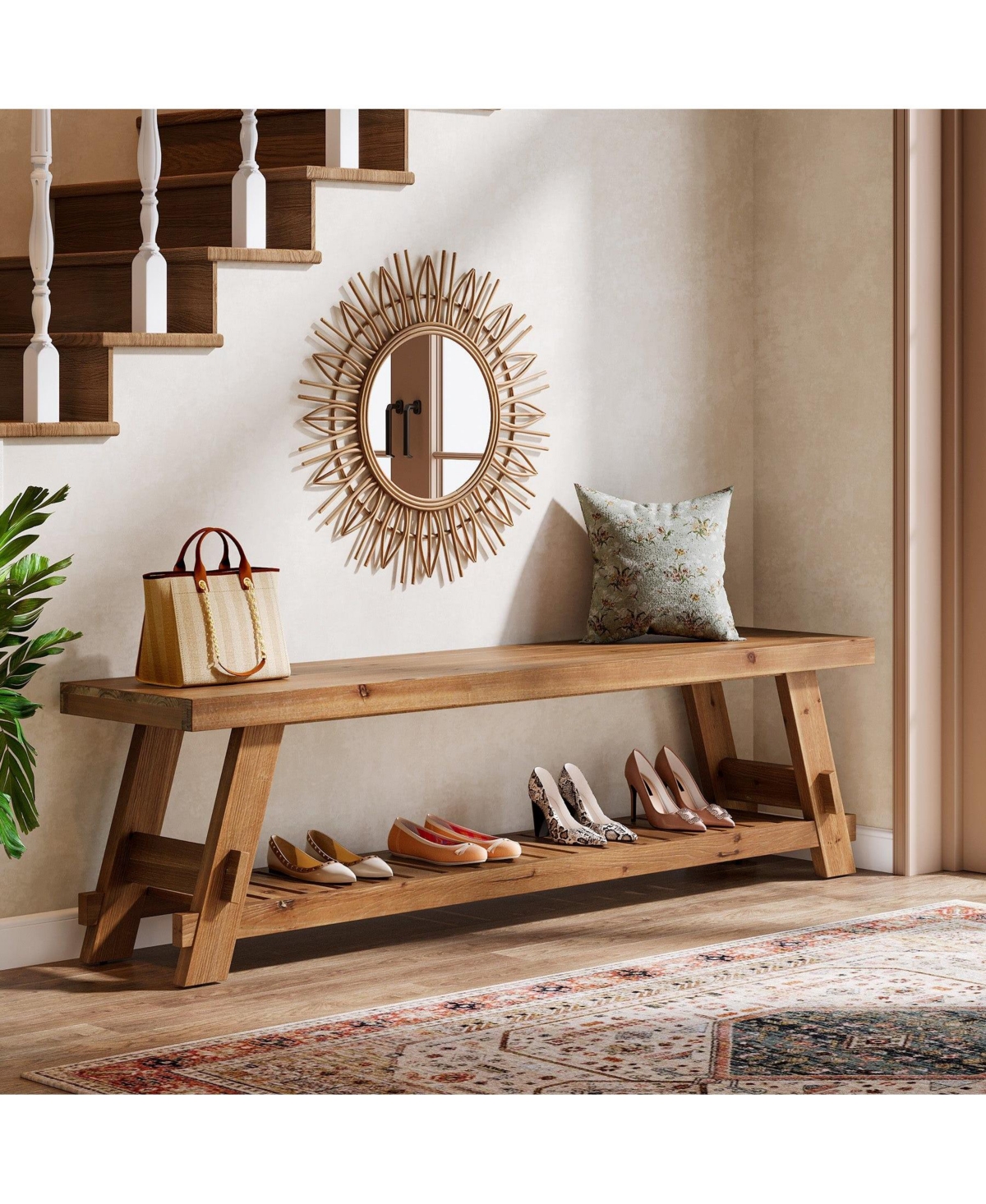 Slickblue 2-Tier Solid Wood Shoe Bench for Hallway or Foyer