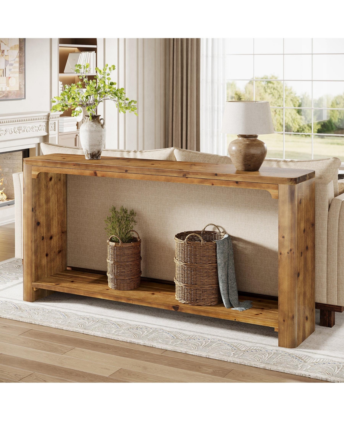 Slickblue Solid Wood Entryway Table 63 Inch with Double Storage Shelves