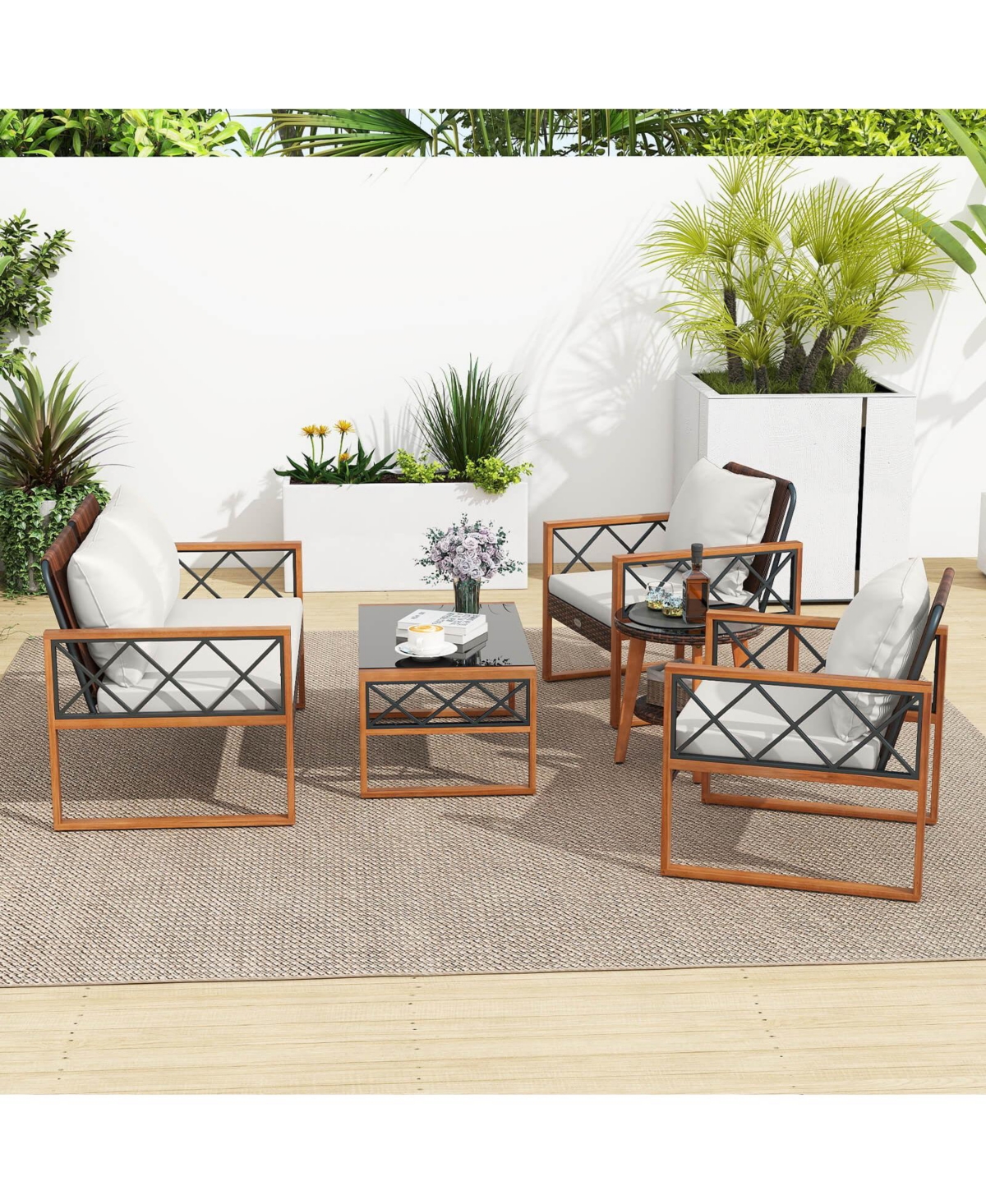 Costway 5 Pcs Pe Wicker Patio Furniture Set with Acacia Wood Frame Cushions for Deck Garden