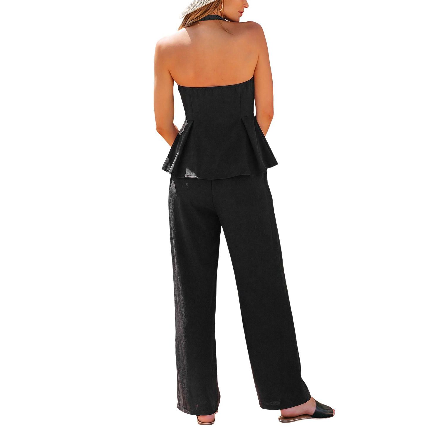 Женские комплекты Cupshe Halter Button-Front Peplum Top and Straight-Leg Pants Matching Set, цвет: Чёрный — фото 3