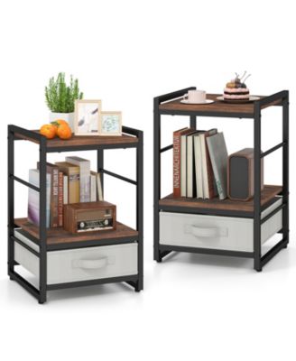 2 PCS Nightstand Industrial Bedside Table w/ Open Storage Shelf and Fabric Drawer
