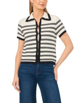 Women's Striped Collared Short-Sleeve Cardigan