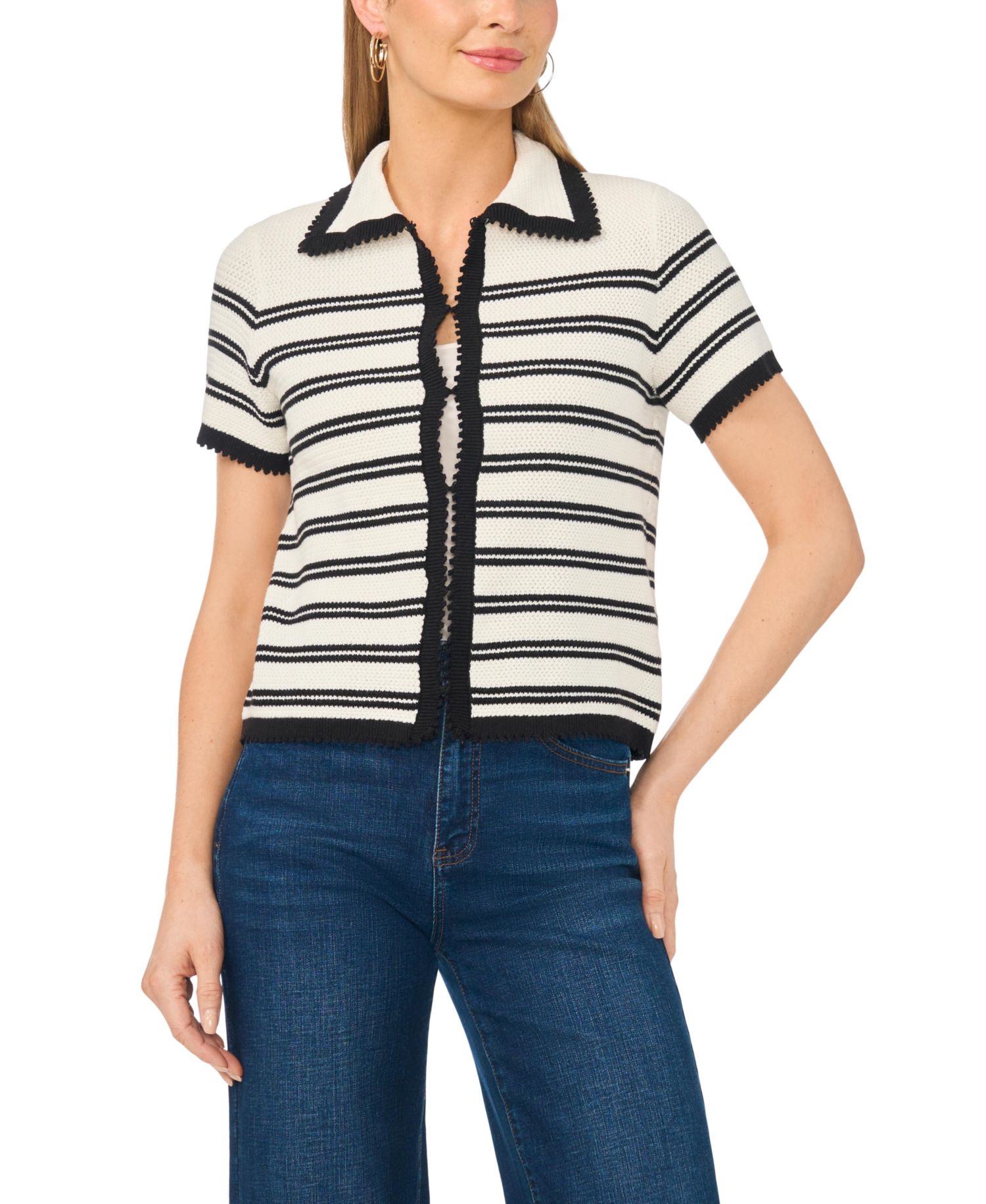 Women's Striped Collared Short-Sleeve Cardigan