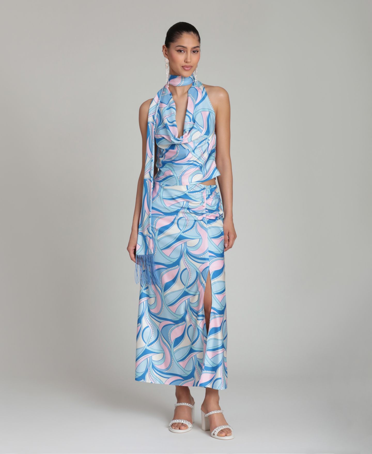Женская юбка Avec Les Filles Ruched Side Slit, цвет: Mermaid Paisley — фото 2