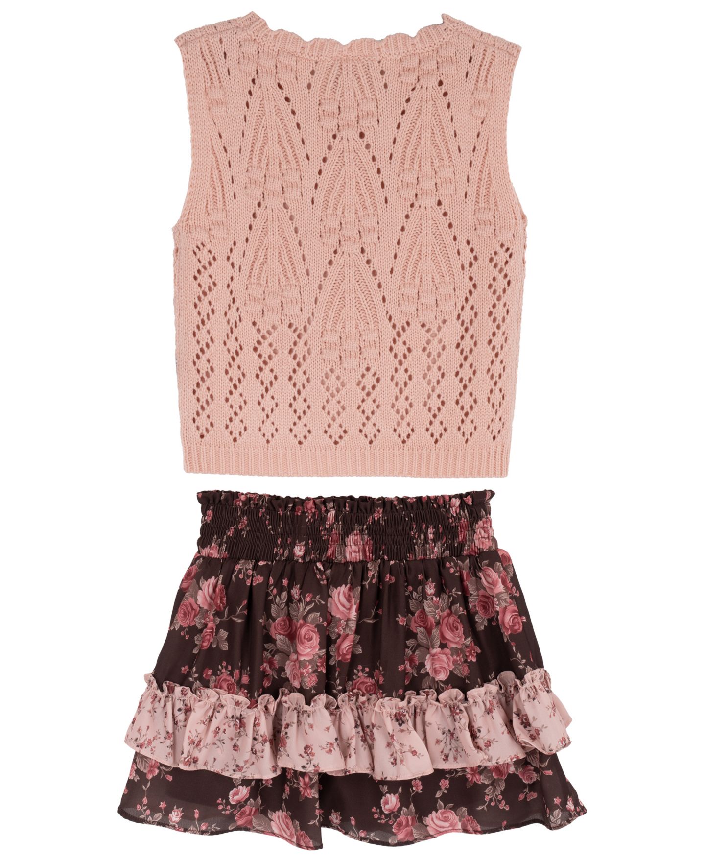 Комплект Rare Editions Floral Crochet Sweater Vest and Tiered Skort, 2-Piece Set для девочек, цвет: Пудровый — фото 2