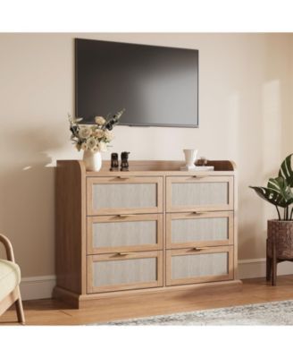 6 Drawer Rattan Wooden Storage Dresser, 47.2 Inch Chest of Drawers with Ample Storage for Bedroom