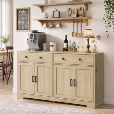 2-Drawer 4-Door Sideboard Buffet Cabinet, Wood Storage Credenza with Black Handles, Farmhouse Accent Cabinet for Kitchen, Living Room