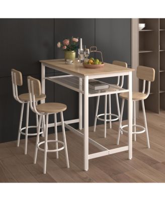 5-Piece Kitchen Counter-Height Bar Table Set with 4 Stools, Storage Net for Small Spaces