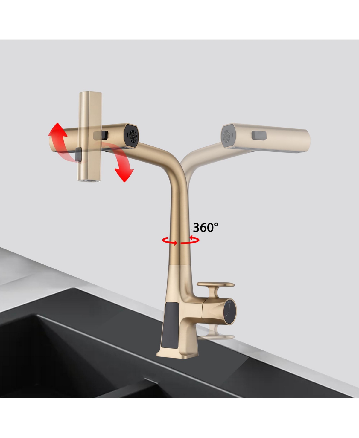 Phying Brushed Gold Waterfall Kitchen Faucet with Temperature Display Single Handle Pull Down Sprayer Faucet Three Water Outlet Modes