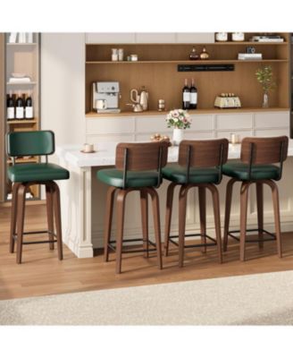 Swivel Bar Stools Set of 4, 26" Upholstered Counter Height Bar Stools with Back and Walnut Wood Legs