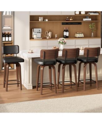 Swivel Bar Stools Set of 4, 26" Upholstered Counter Height Bar Stools with Back and Walnut Wood Legs