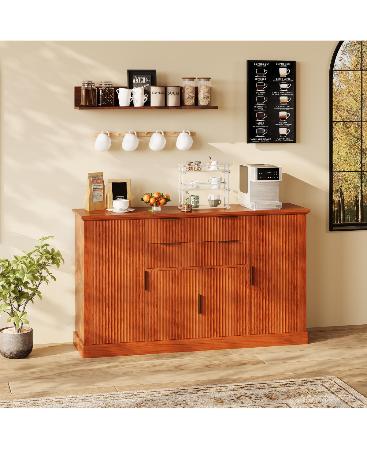 homfan Modern Fluted Sideboard Buffet Cabinet, 4 Doors and 2 Drawers, Adjustable Shelf, Storage Credenza for Dining Room or Living Room