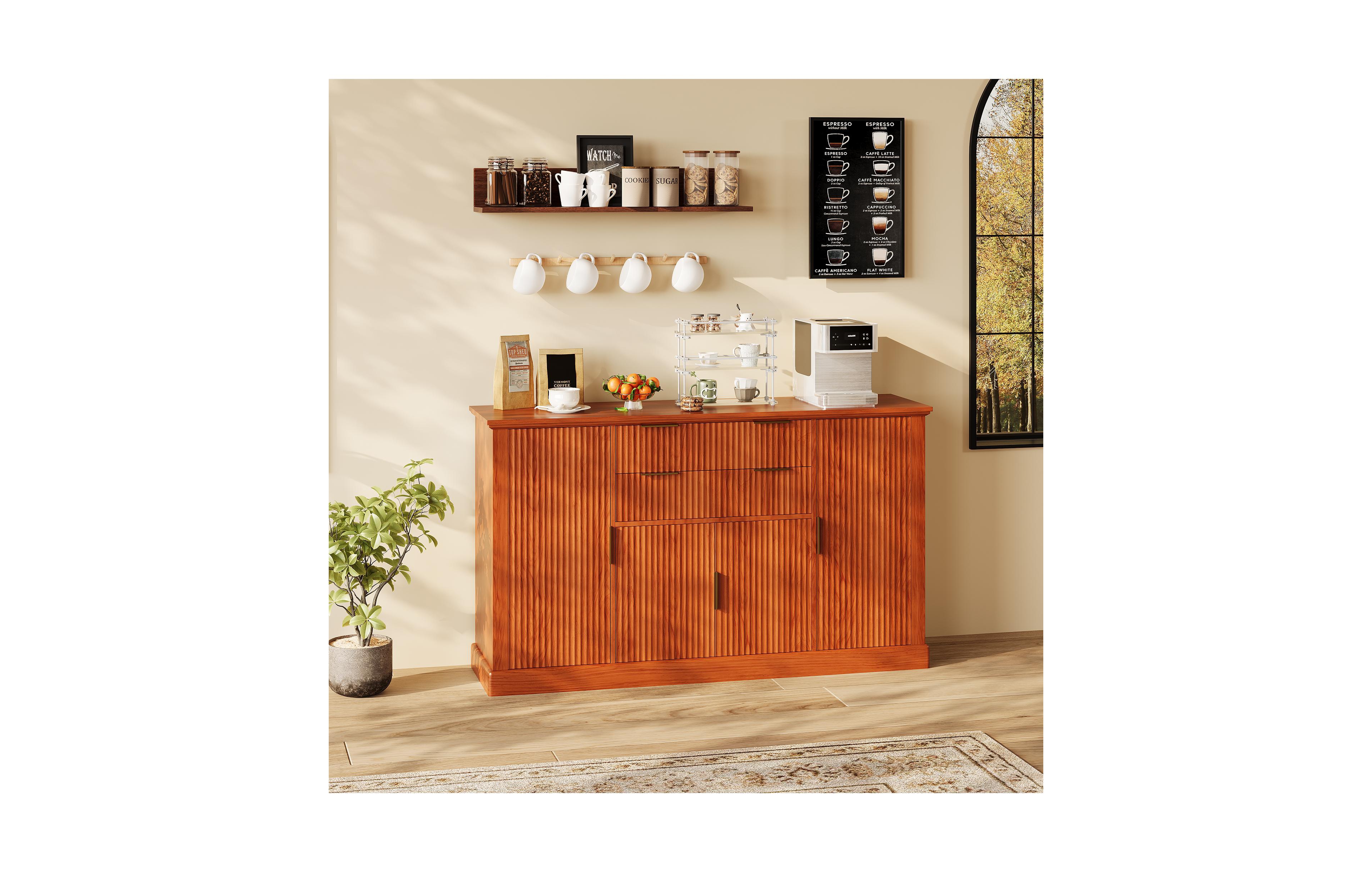 homfan Modern Fluted Sideboard Buffet Cabinet, 4 Doors and 2 Drawers, Adjustable Shelf, Storage Credenza for Dining Room or Living Room