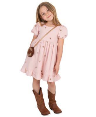 Girls' 2T-6X Embroidered Gauze Puff-Sleeve Dress with Bag, 2-Piece Set