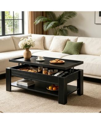 Lift Top Coffee Table with Hidden Storage, Modern Rising Tabletop Desk for Small Spaces, Wood Center Table with Large Compartment and Shelf