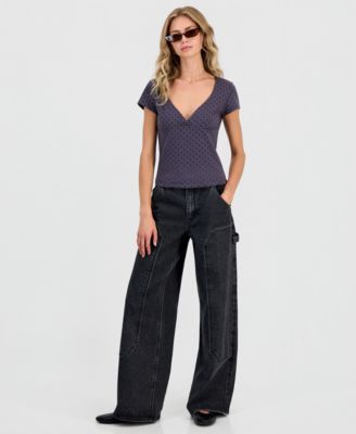 Juniors' Cap-Sleeve Surplice-Neck Top