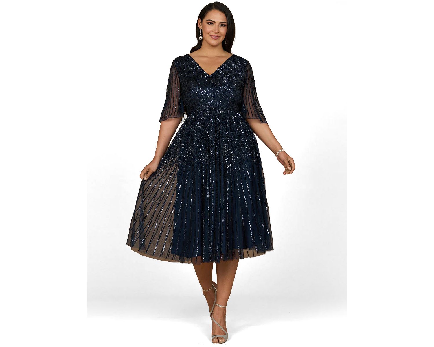 Women's Flowing, Sequin Midi Dress with Short Sleeves