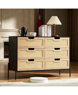 Farmhouse Rattan 6-Drawer Dresser, Sturdy Engineered Wood Storage Cabinet with Metal Legs, Easy Assemble Multi-use Home Organizer