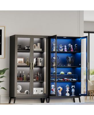 Set of 2 Glass Display Cabinet with LED Lights - 4-Tier Curio Cabinet with Glass Doors, Smart Sensor and USB Charging