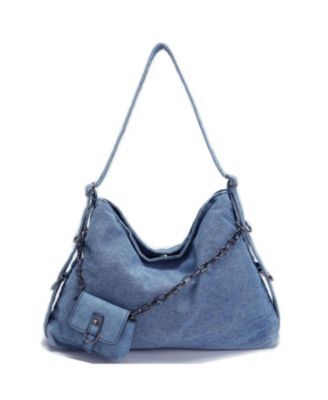 Women's Drift Hobo Bag Slouchy Shoulder Bag Crossbody Purse Casual Washed Denim Handbag with Chain Accent