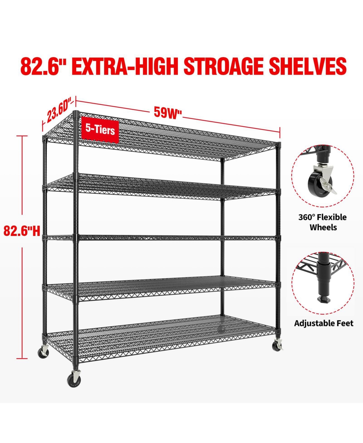 gaomon 60-Inch-Wide 4-Tier Storage Rack With Casters, 2,640-Pound Weight Capacity, Adjustable Metal Wire Shelves