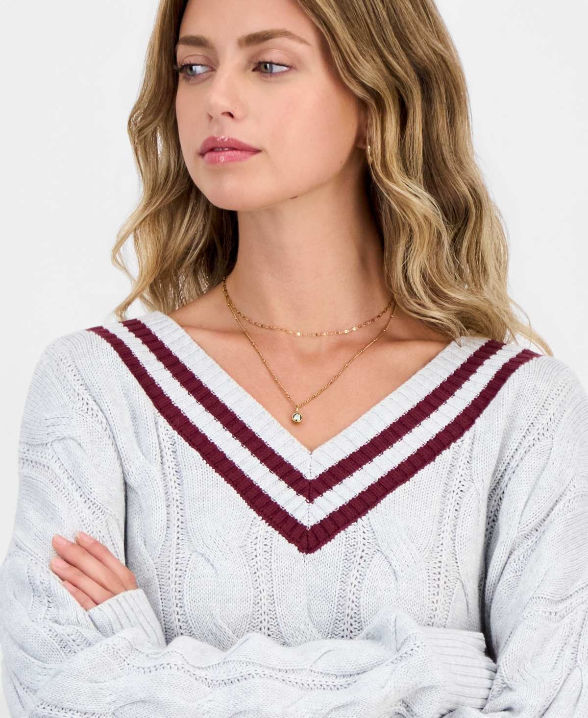 Hippie Rose Juniors' V-Neck Varsity Cable-Knit Sweater