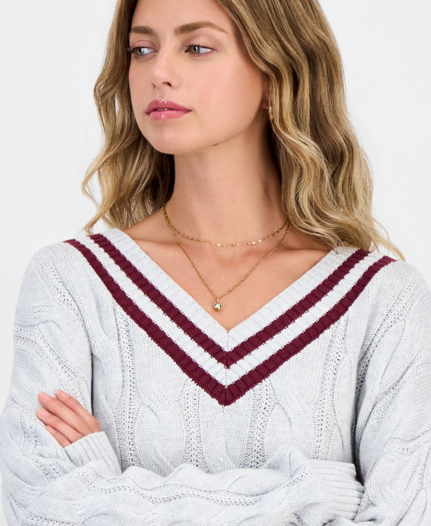 Juniors' V-Neck Varsity Cable-Knit Sweater
