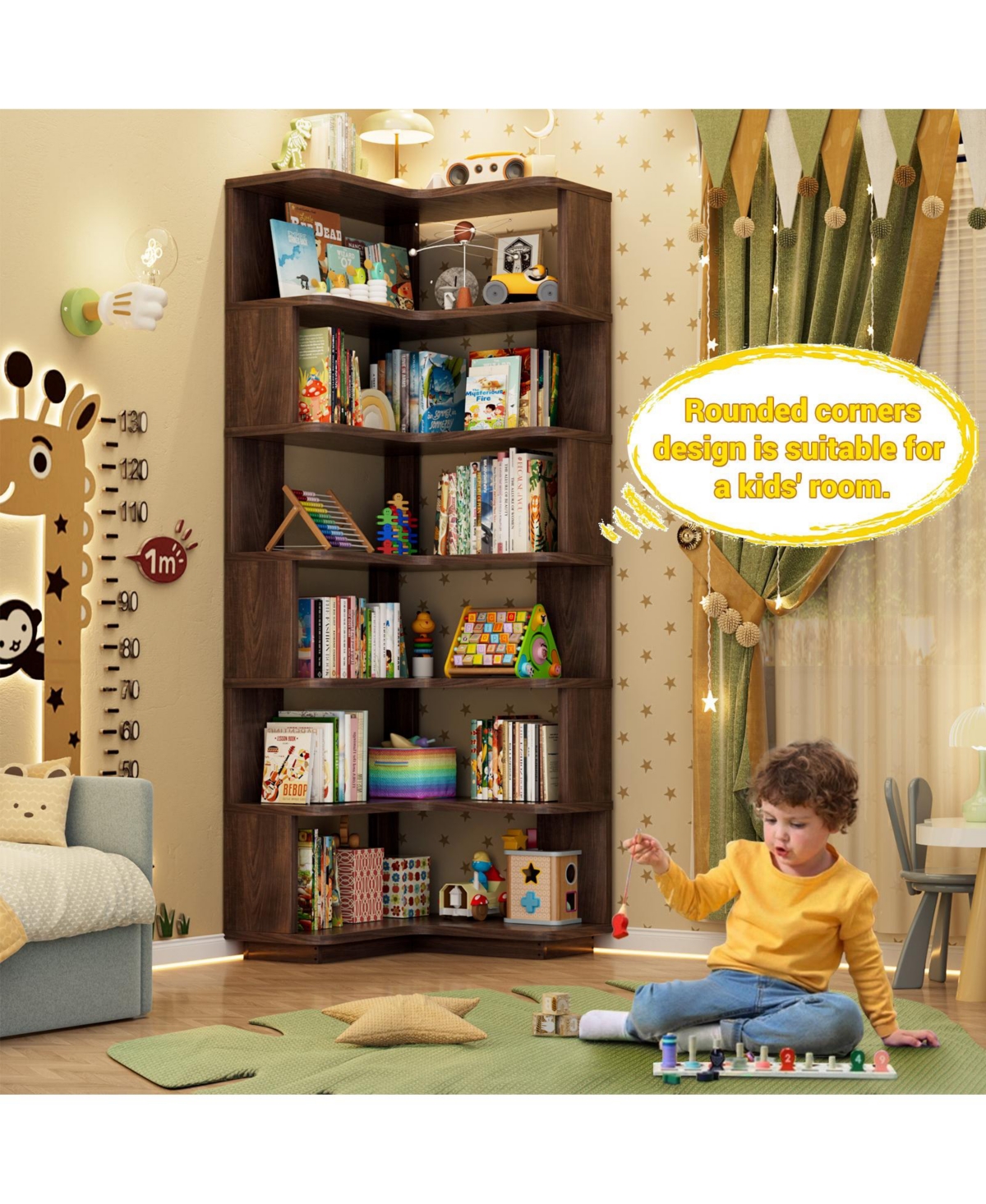 Aheaplus 6-Tier Corner Bookshelf, Space-saving Bookcase Display Storage Shelf