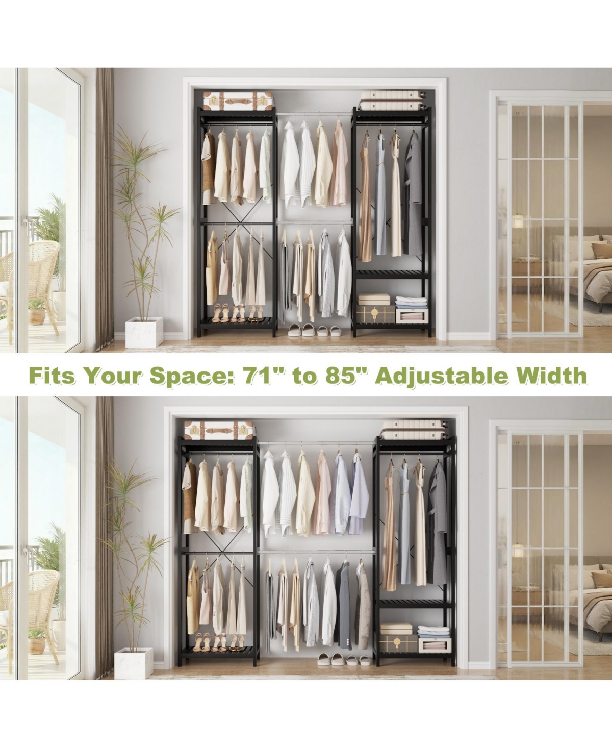 Aheaplus Bamboo Closet System with 5 Hanger Rods and Shelves, Expandable Clothing Rack