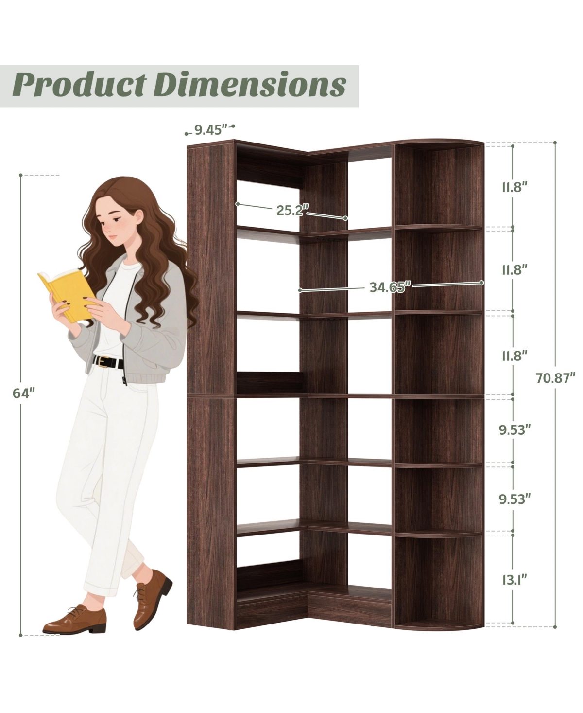 Aheaplus 71" Tall 6-Tiers Corner Bookshelf with Open Storage, Wooden Display Shelves for Bedroom