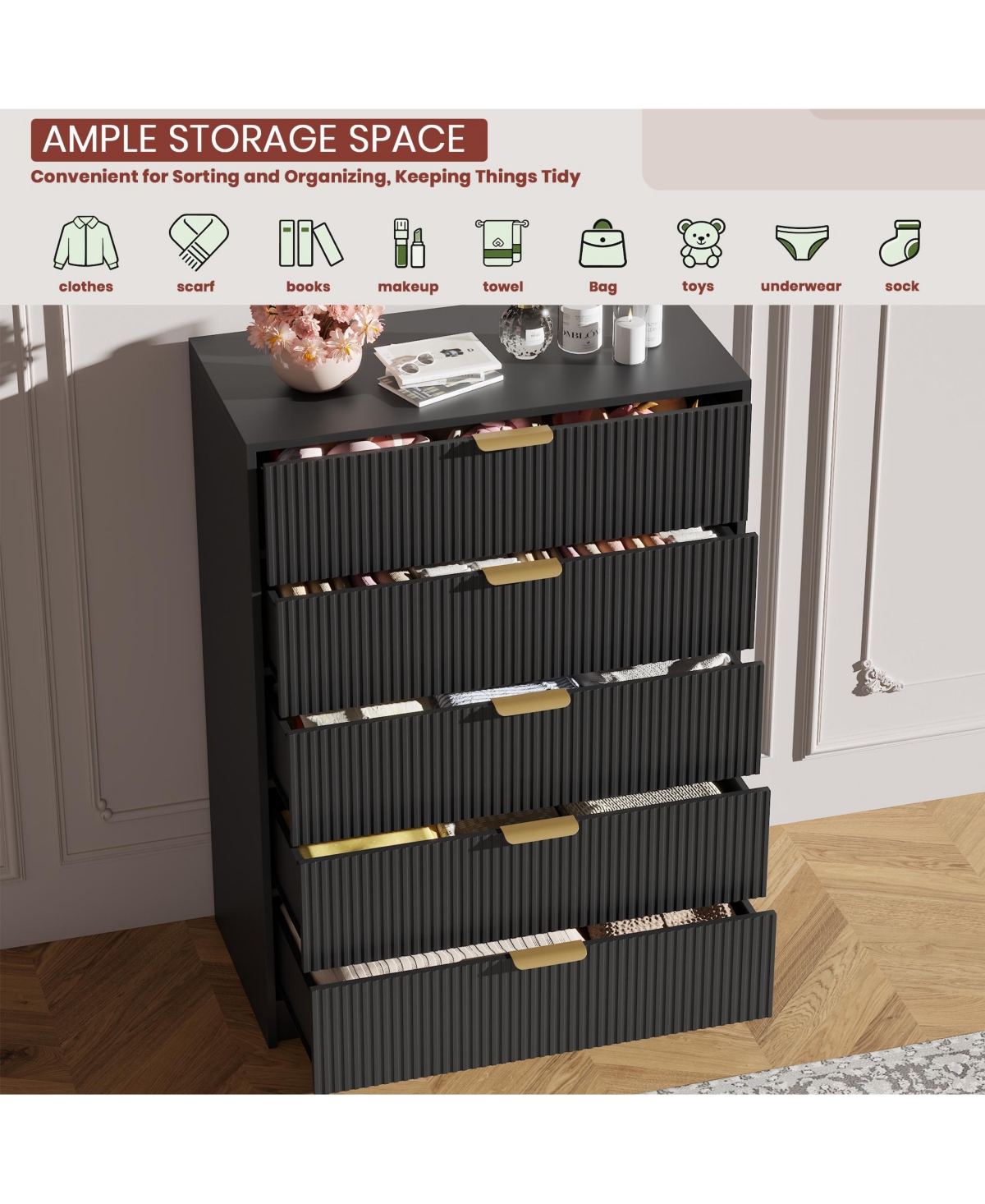 gaomon Fluted 5 Drawers Dresser For Bedroom, Wide Modern Chest of with Metal Handles, Living Room, Entryway, Hallway