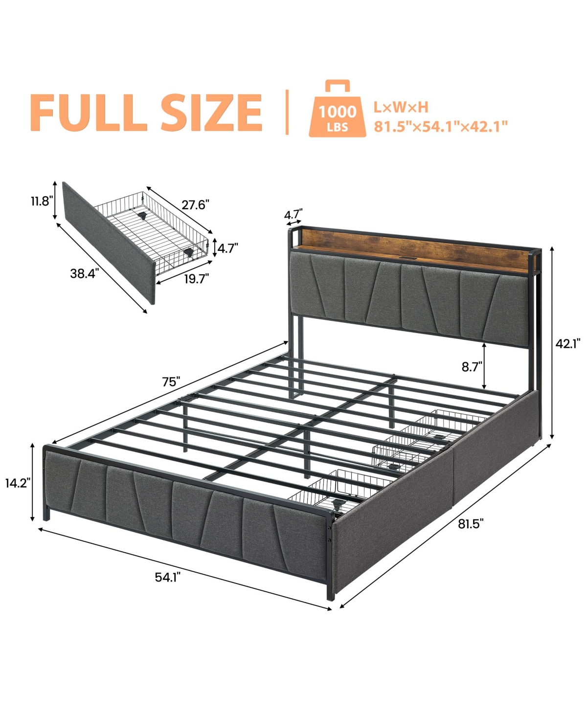 homfan Upholstered Bed Frame with Storage Headboard, Charging Station, 2 Drawers, Metal Slat Support
