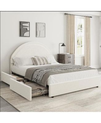 Upholstered Platform Bed Frame with Round Headboard, Storage Drawers, Wood Slat Support, No Box Spring Needed