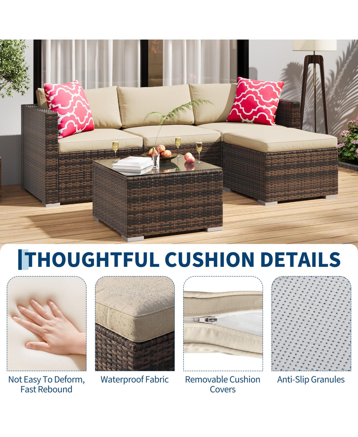 homfan Outdoor Patio Furniture Set with Modular Wicker Sectional Washable Cushions and Glass Top Table