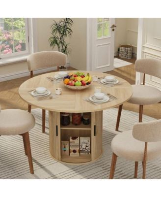 47 In Round Dining Table with Hidden Storage, Fluted Pedestal Base, Slide Door Shelf, Kitchen Table for 4, Table Only
