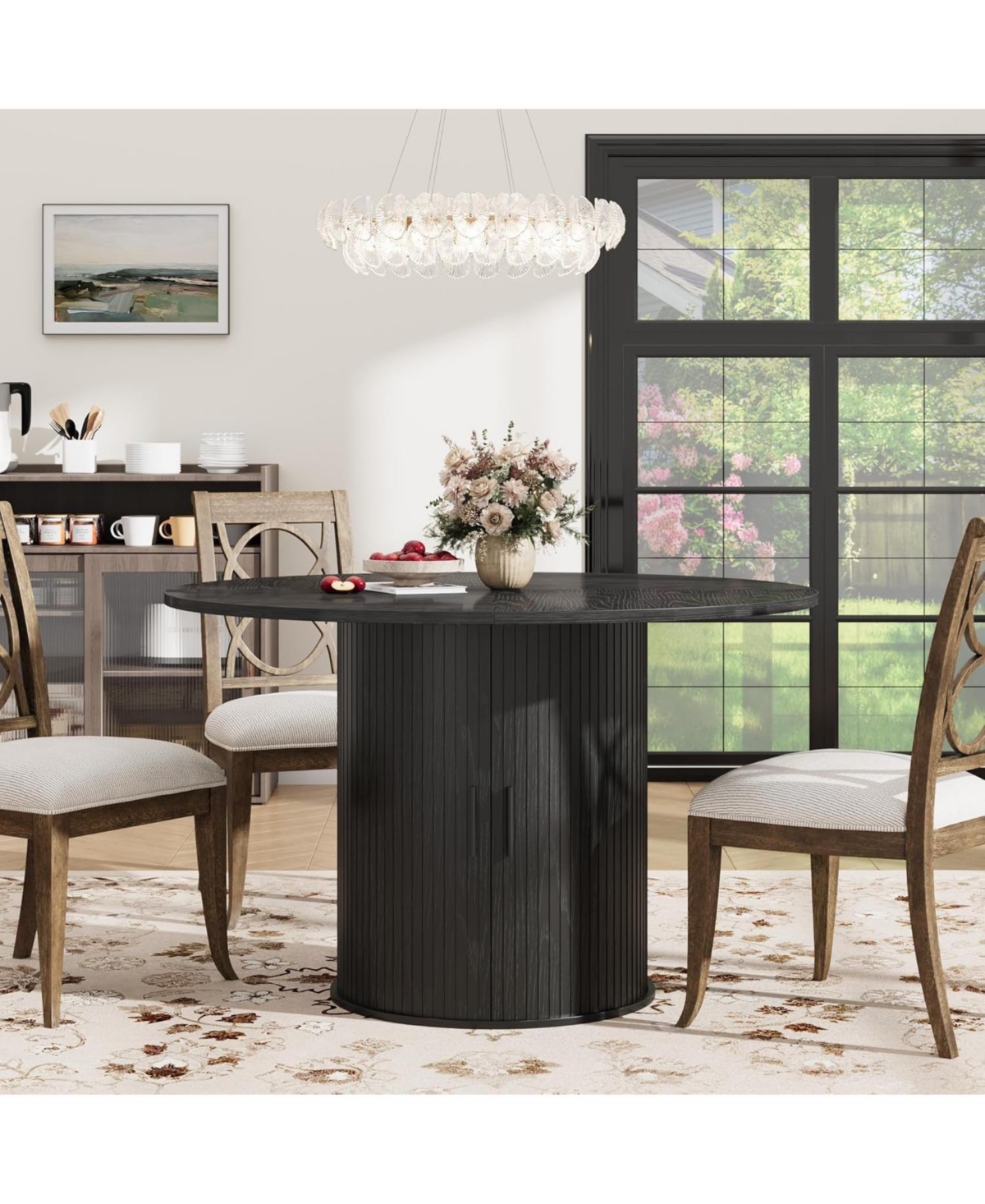 homfan 47 Round Dining Table with Hidden Storage, Fluted Pedestal Base, Slide Door Shelf, Kitchen for 4, Only