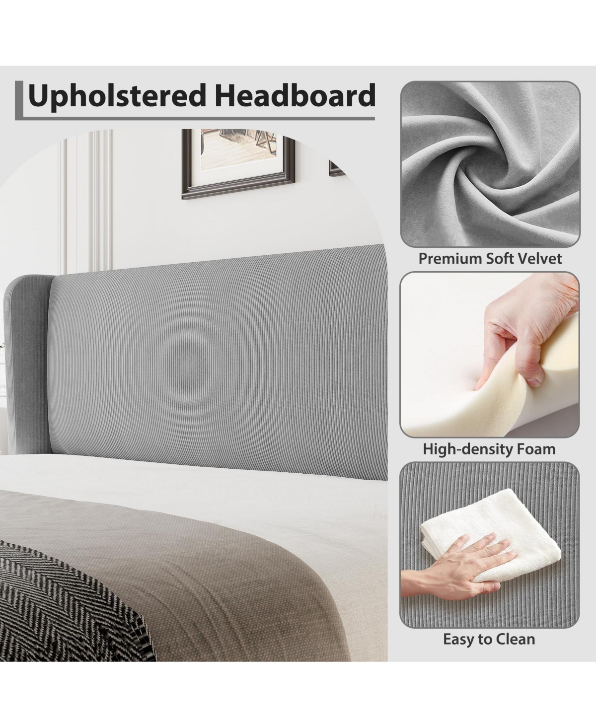 homfan Upholstered Platform Bed Frame with Wingback Headboard, 2 Storage Pockets, Wood Slat Support