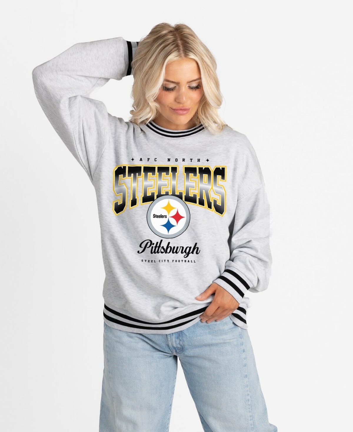 Gameday Couture Women's Ash/Black Pittsburgh Steelers Oversized Gridiron Drive Ringer Stripe Sweatshirt