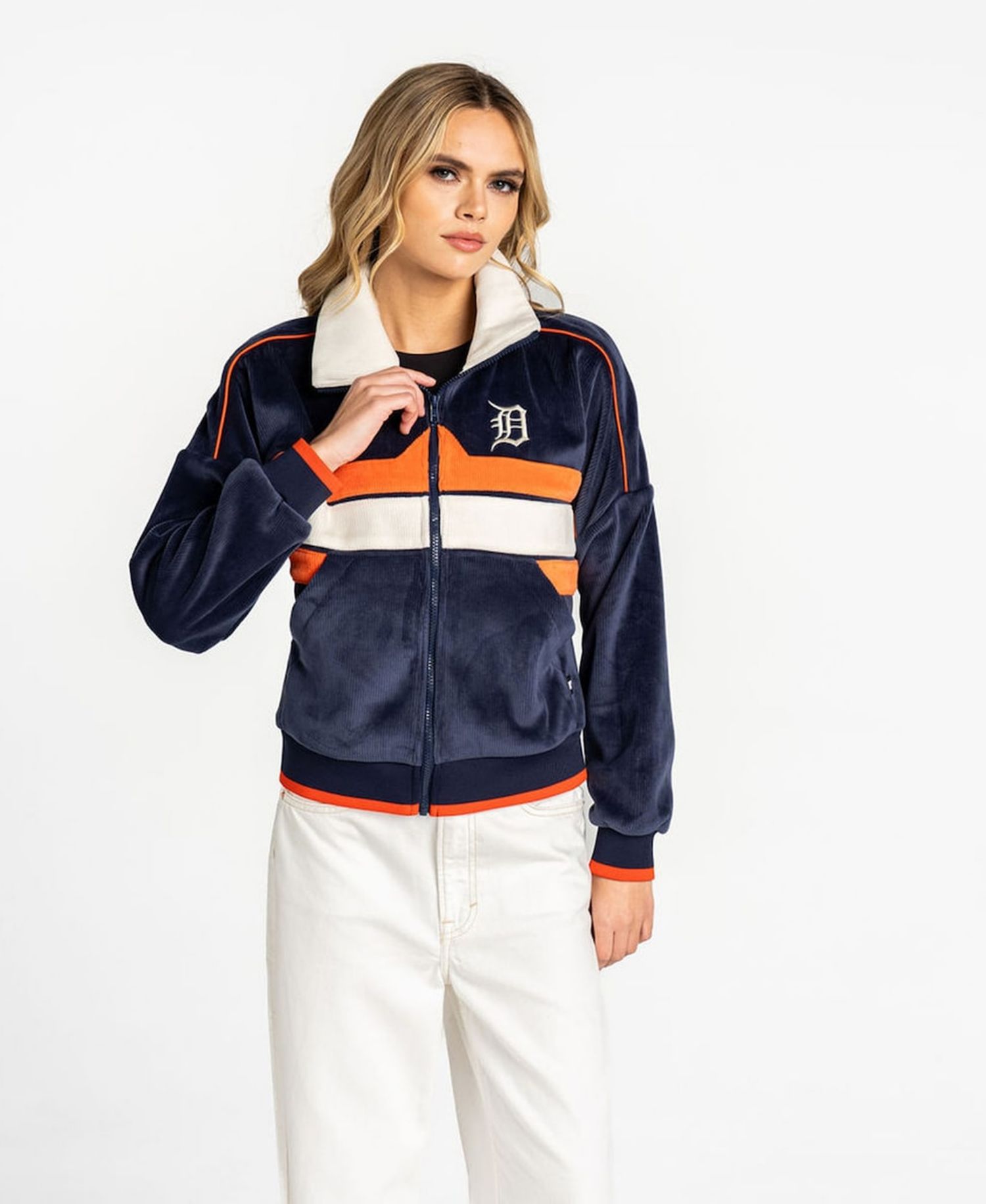 Women's Navy Detroit Tigers Velvet Cord Full-Zip Jacket