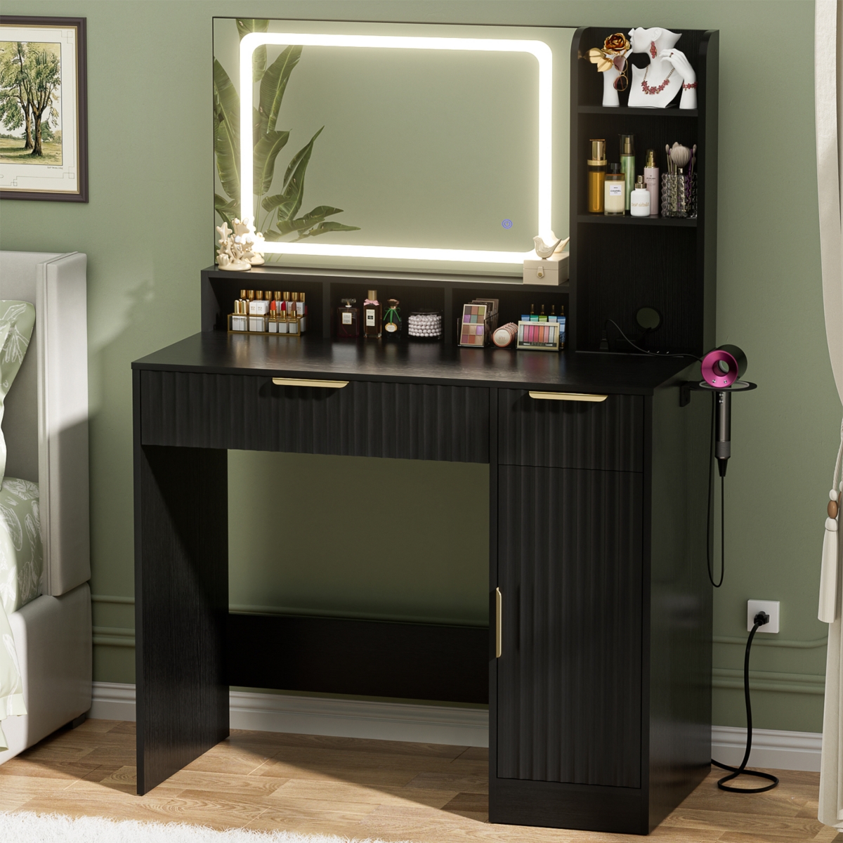 Aheaplus Vanity Desk with Mirror and 3 Color Lights, Makeup Drawers
