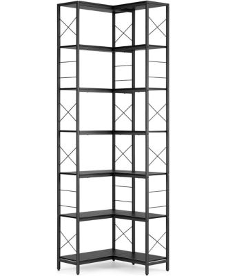 7 Tier Industrial Corner Bookshelf Wood and Metal Frame Large Bookcase, Freestanding Display Shelf for Living Room, Kitchen, Home Office